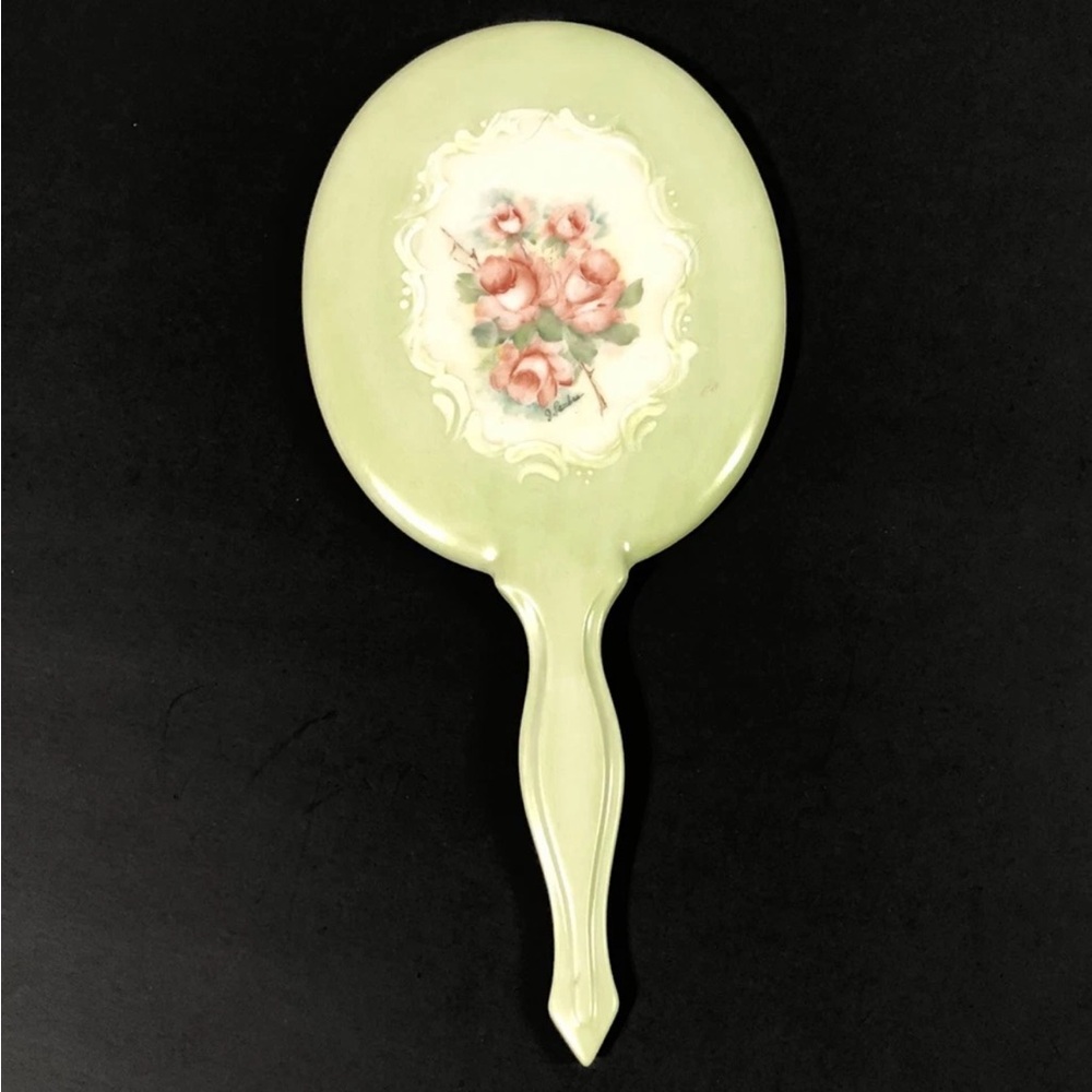 Vintage Ceramic Hand Painted Green Oval Vanity Mirror Roses Signed By Artist